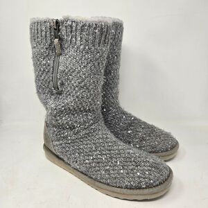 UGG Treadlite Silver Gray Sequin Knit Mid Calf Sweater Boots Shoes Size 6